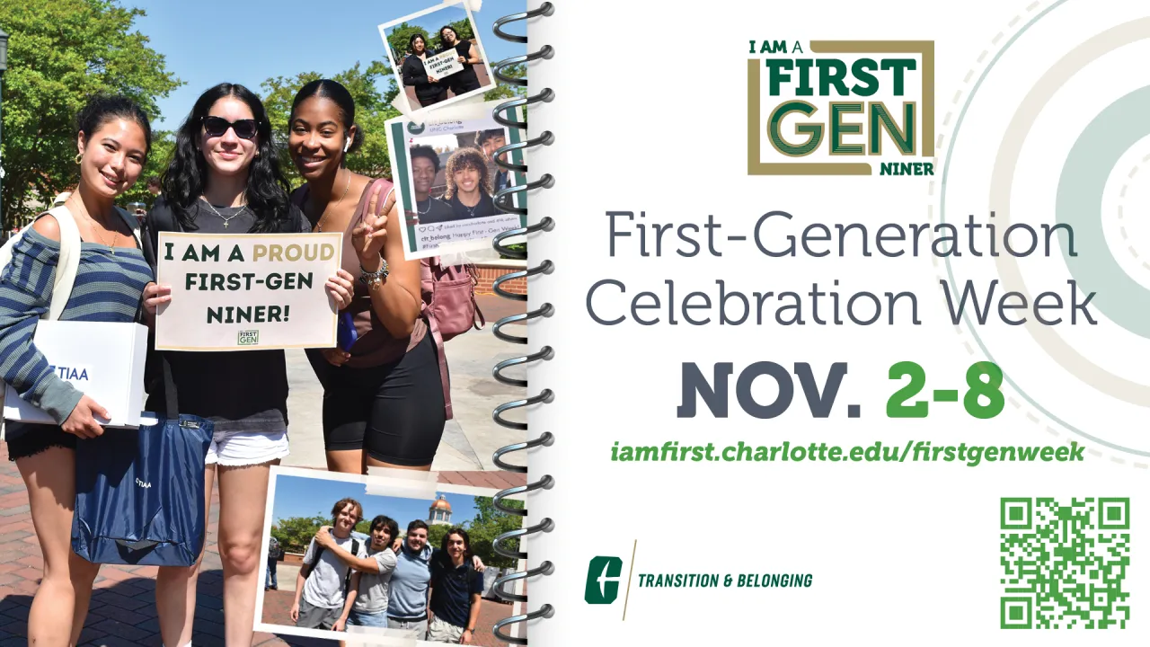 First-Gen Week Flyer with 2-8 and three smiling first-gen niners 
