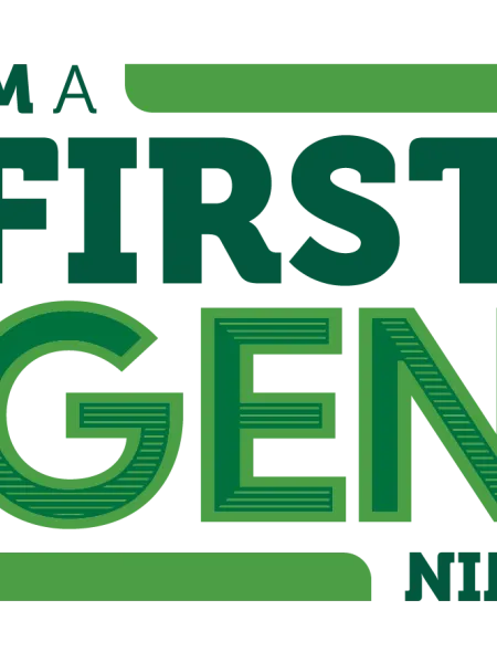 UNC Charlotte's "I Am A First Gen Niner" logo in all capital letters in shades of green and surrounded by a green border