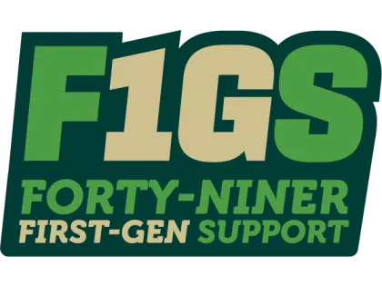 Forty-Niner First-Gen logo with green and yellow letters and the 'I' of FIGS is the number 1