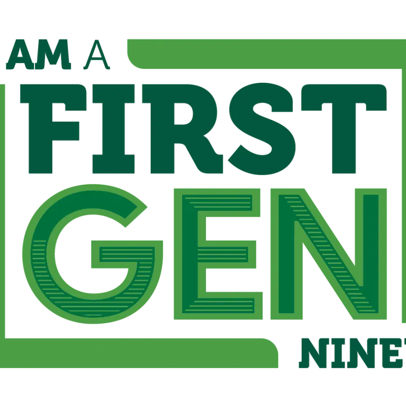 UNC Charlotte's "I Am A First Gen Niner" logo in all capital letters in shades of green and surrounded by a green border