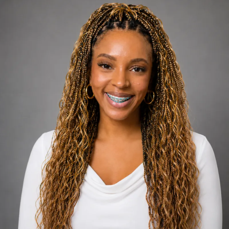 Woman with honey brown braids, hoop earring, braces, and a white blouse smiling in front of a grey background